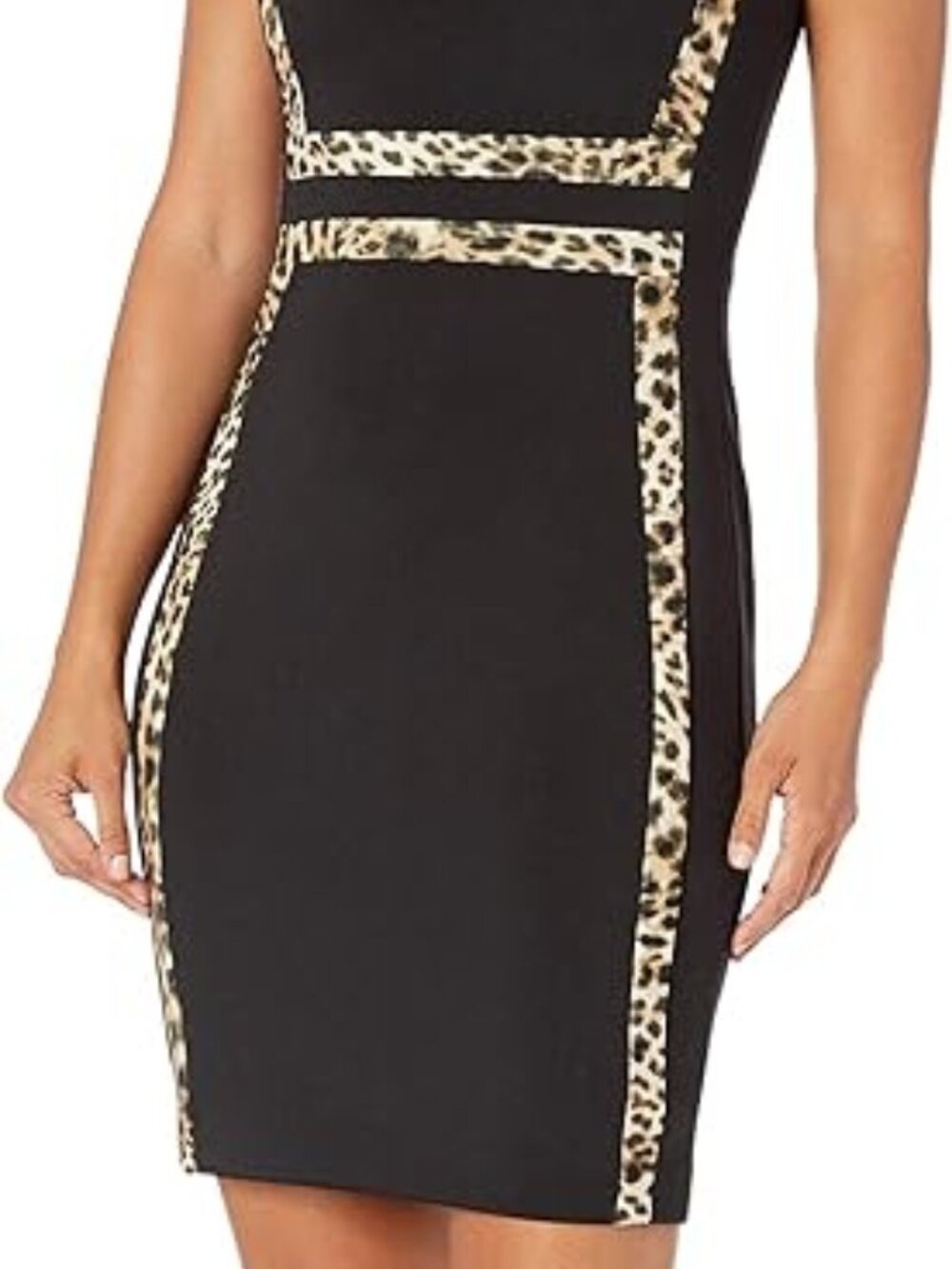 NWT Calvin Klein Black Leopard Scuba style Sheath Dress with Leopard Trim - Picture 14 of 15